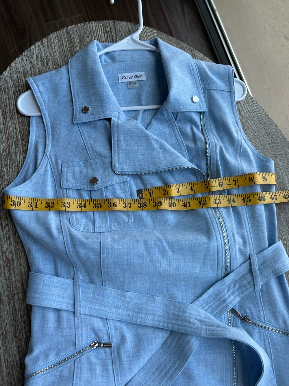 Calvin Klein Light Blue Sleeveless Moto Zip Belted Dress Women’s Size 10 Lined - Picture 13 of 14